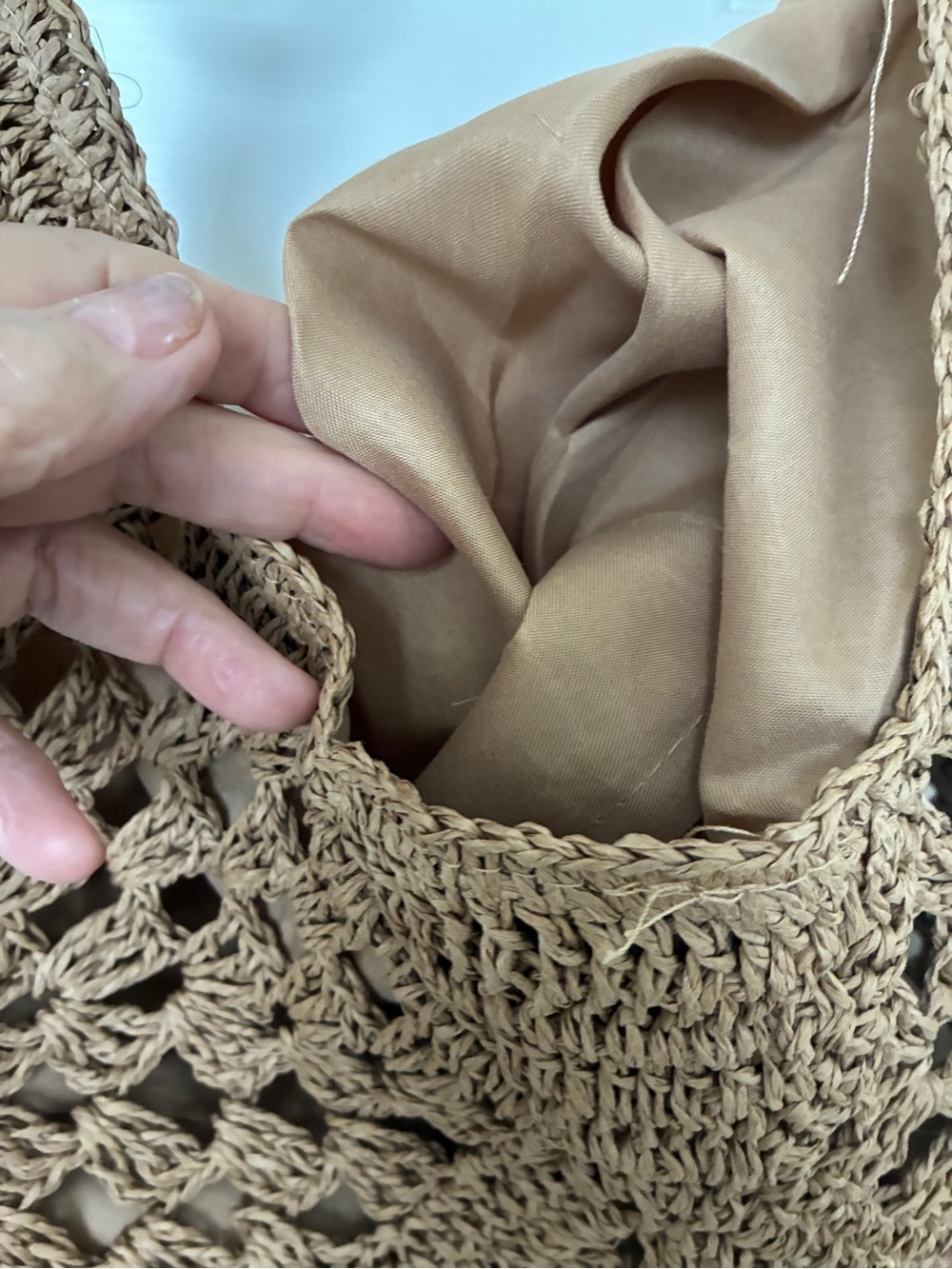Woven Crochet Lined Hobo Bag with Bead Handle - Tan - Picture 5 of 5